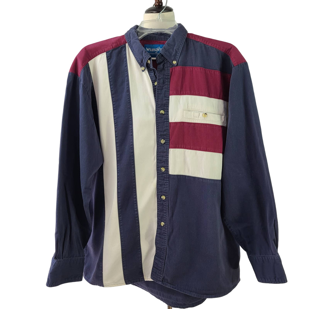 Wrangler Men's Colorblock Button-Down Shirt in Navy, Cream & Burgundy